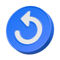 A glossy, round blue refresh button with a white arrow symbol for web and internet design 3d rendering