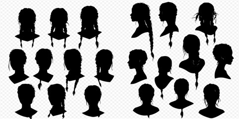 Diverse black silhouette illustrations of female heads and hairstyles, featuring various lengths, textures, and styles from multiple angles.