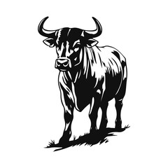 Strong bull silhouette illustration, black and white vector art, wild animal drawing, aggressive power symbol
