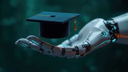 futuristic robotic hand holding a graduation cap symbolizing artificial intelligence and education advancement