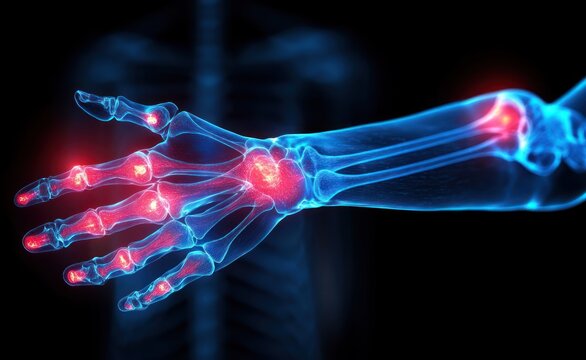 X-ray view of a human arm and hand showing inflamed joints highlighted in bright red indicating arthritis or joint pain