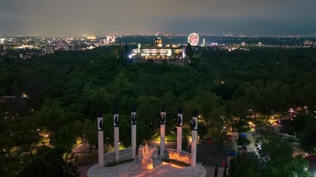 Timelapse of Ninos Heroes Monument and Chapultepec Castle at night, Mexico City