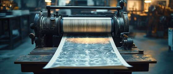 Old vintage printing press machine on wooden table with sheet of printed patterned paper rolling out in dimly lit workshop
