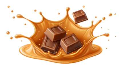 Chocolate pieces falling into a caramel splash with a black background creating a sweet treat concept perfect for advertising and marketing campaigns involving desserts and confectionery promotions