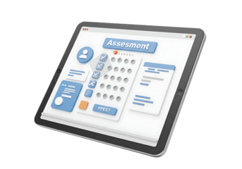 Tablet computer screen displaying an assessment application interface isolated on transparent background