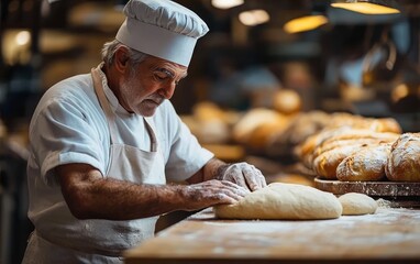 Experienced male baker wearing chef hat and apron shaping dough on wooden counter with several baked breads in warm bakery setting