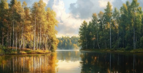 Obraz premium Calm lake surrounded by birch trees with autumn foliage reflecting on water under partly cloudy sky during golden hour