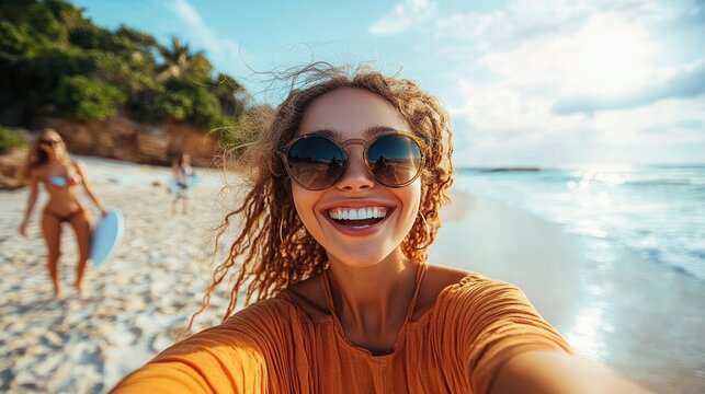 Smiling young woman with curly hair wearing sunglasses and an orange top taking a selfie on a sunny beach with waves and other people in the background - Powered by Adobe