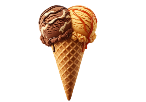 Double scoop ice cream cone with chocolate and caramel flavors, isolated on transparent background