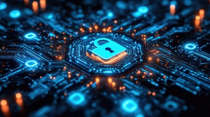 Glowing digital padlock symbol representing cybersecurity protection on a futuristic high-tech circuit board with bright blue and orange lights