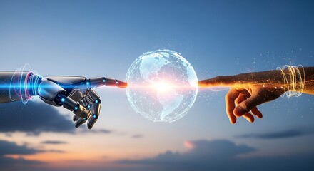 Artificial intelligence and human connection depicted by touching hands