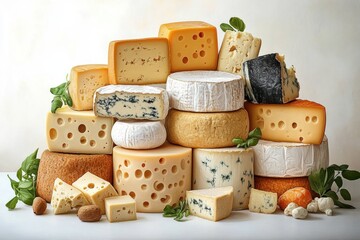 Assortment of various cheeses including blue cheese, Swiss cheese, and soft cheeses stacked with green herbs and nuts on a neutral background, evoking freshness and richness