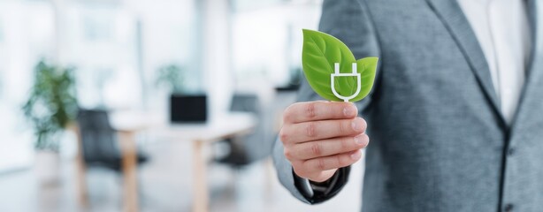 The professional holding a green energy concept in the office environment.