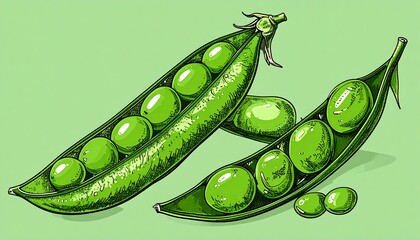 Two open pea pods with several peas spilling out, illustrated in a hand-drawn style against a pale green background
