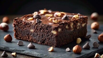 Close-up of a rich chocolate brownie topped with chocolate chips and walnut pieces on a dark slate surface surrounded by hazelnuts and chocolate chips