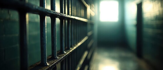 Close-up view of rusted metal prison bars with blurred hallway and bright window light in the background, evoking a somber and confined atmosphere