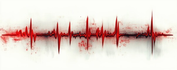 Abstract red and black heartbeat or soundwave pattern on white background with grunge texture and vertical spikes