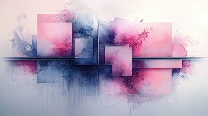Abstract geometric composition with layered squares and rectangles in soft pink and dark blue smoke-like textures blending over a white background