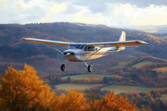 Small single-engine airplane flying low over colorful autumn forest with rolling hills and partly cloudy sky in background