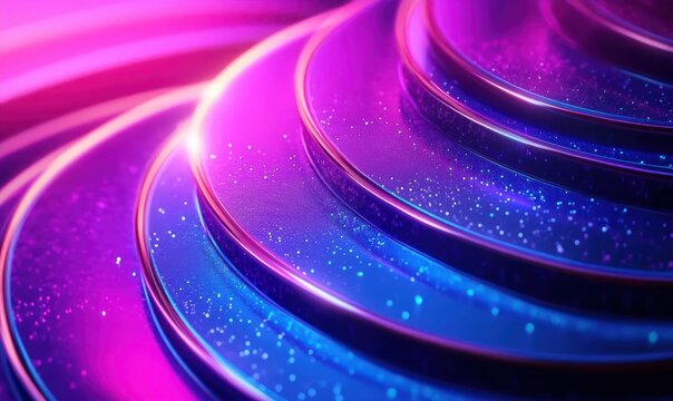 Close-up of overlapping glossy circular discs with glowing neon purple and blue lights and sparkling particles creating a futuristic and dynamic effect - Powered by Adobe