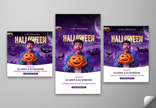 Halloween Party Night Social Media Posts and Story Template with Shouted Man Holding Jack O Lantern for Scary Event Promotion, Editable Design.