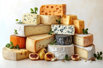 Assorted varieties of cheese stacked in a pyramid with fresh herbs and sliced figs and pears on a white background, evoking a fresh and appetizing mood