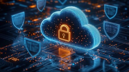 Digital cloud with an illuminated padlock symbol surrounded by floating security shields on a futuristic circuit board representing cyber security and data protection
