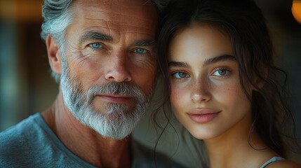 Close-up portrait of a mature man with gray hair and beard and a young woman with long dark hair smiling gently with soft natural lighting