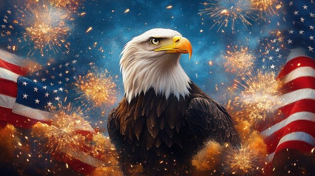 majestic bald eagle with intense gaze surrounded by vibrant fireworks and waving american flags under a night sky - Powered by Adobe
