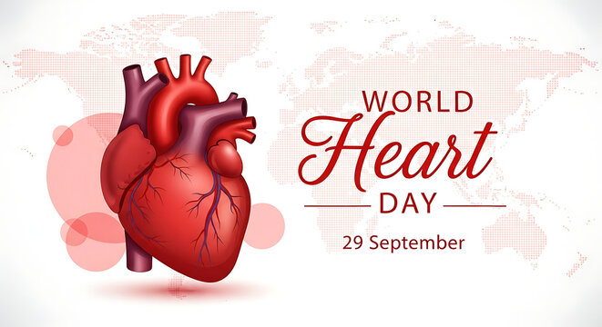 World Heart Day celebration with human heart illustration and world map background