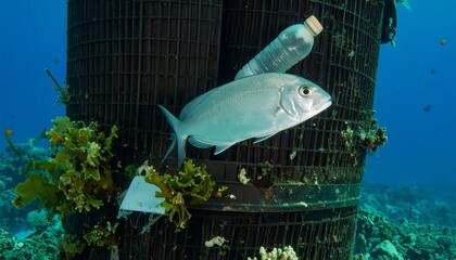 Underwater scene of pollution.  Fish near plastic debris