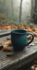 Teal mug on weathered wooden bench in autumnal forest