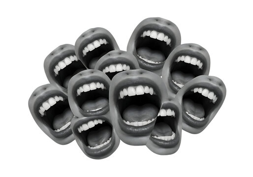 Collage of many open laughing mouths in black and white isolated on transparent background