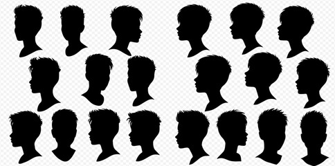 Diverse collection of children's head silhouettes, primarily in profile, featuring various hairstyles on a transparent background.