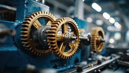 Close-up of large gold gears on a blue industrial machine