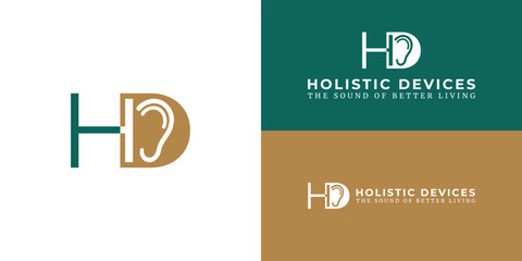 A minimalist logo for a hearing aid store combines the initials 'HD', with the 'D' cleverly shaped to incorporate an ear, symbolizing a focus on high-quality hearing solutions. © Miftakhul