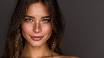 Fototapeta premium Beautiful woman with long, wavy hair and striking blue eyes, smiling softly against dark background, showcasing natural beauty and confidence