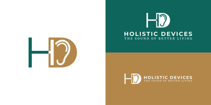 A minimalist logo for a hearing aid store combines the initials 'HD', with the 'D' cleverly shaped to incorporate an ear, symbolizing a focus on high-quality hearing solutions.
