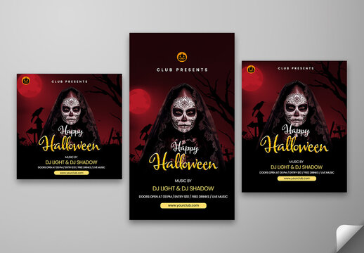 Happy Halloween Party Social Media Posts and Story Template with Woman in Skull Makeup for Spooky Event Promotion, Editable Design.