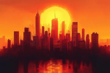 Fototapeta premium Silhouetted city skyline at sunset with the sun glowing large behind skyscrapers reflecting on calm water, creating a warm and dramatic atmosphere