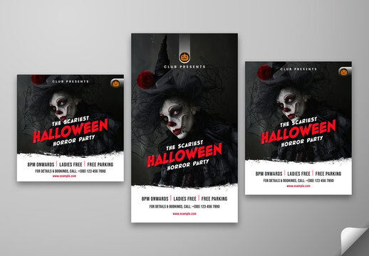 Halloween Horror Party Social Media Posts and Story Template with Creepy Clown for Scary Night Event Promotion, Editable Design.