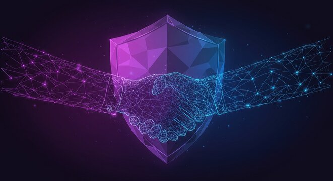 Futuristic safe deal concept with digital handshake on shield background, symbolizing partnership and agreement in low-poly polygonal vector style.
