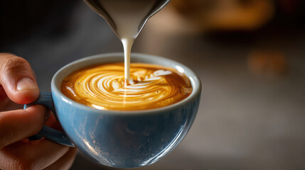 Hand pours steamed milk into blue coffee cup, creating beautiful latte art design on top of rich espresso. warm tones evoke cozy atmosphere, perfect for coffee lovers