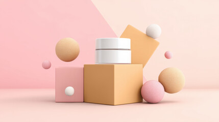 Modern skincare product displayed among colorful geometric shapes and spheres, creating vibrant and playful aesthetic. arrangement highlights cream jar sleek design against soft pastel background