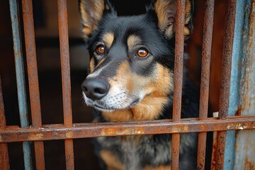 close-up of a black and tan dog with expressive eyes looking through rusty metal bars in a dimly lit space, conveying a sense of longing or waiting