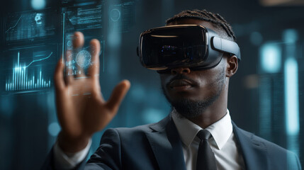 Man wearing virtual reality goggles interacts with digital interfaces modern office environment, showcasing advanced technology and innovation. His focused expression reflects engagement