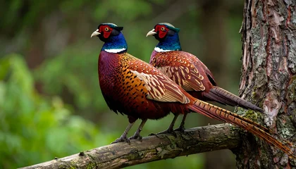 Two Pheasants Perched on Branch in Forest © joni