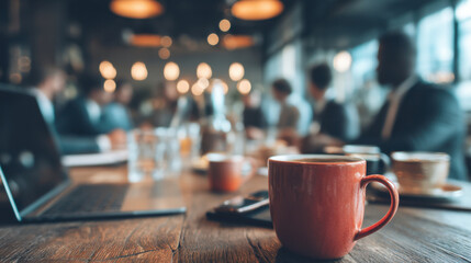 Warm cup of coffee sits on wooden table in bustling cafe, with blurred figures engaged in conversation in background. atmosphere is lively and inviting, perfect for meetings or casual gatherings