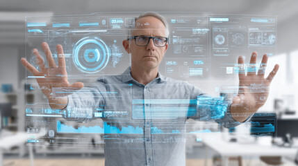 Man interacts with futuristic holographic interface, displaying various data and analytics. He appears focused and engaged, showcasing advanced technology in modern office environment