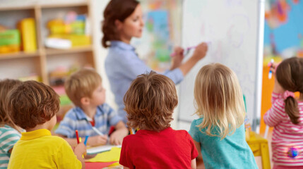 Obraz premium Engaged children in classroom setting observe teacher writing on whiteboard, showcasing vibrant learning environment filled with creativity and curiosity